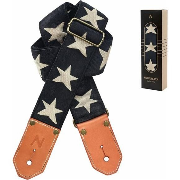 Woven Guitar Strap Cotton Adjustable Leather Ends Pick Pocket Star Pattern - Picture 7 of 7